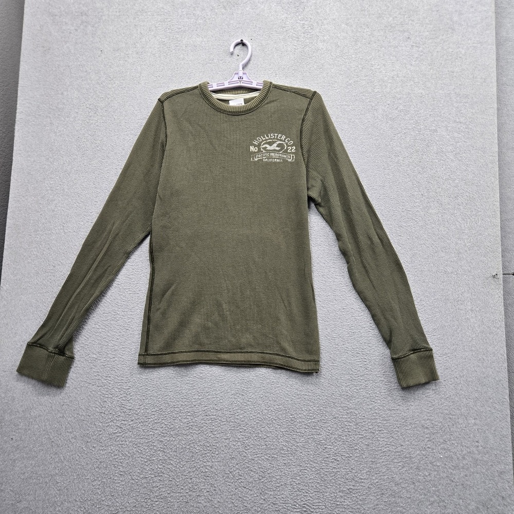 VINTAGE Hollister Men Shirt M Green Y2K Logo Graphic Waffle Knit Thermal